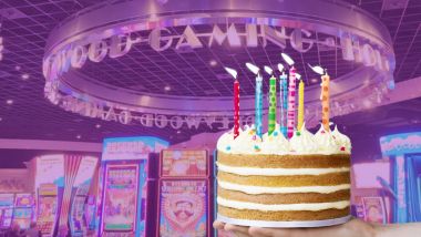 A birthday cake with Hollywood in the background