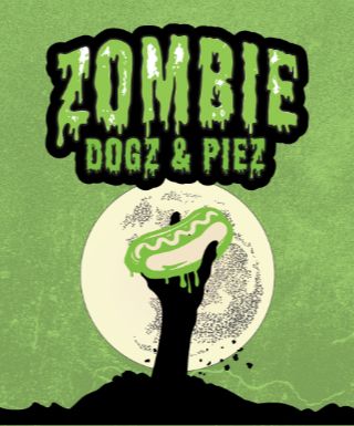 Zombie Dogs logo with hand extending out of the ground holding a hot dog in front of a full moon. 