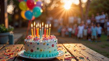 birthday cake on a table in the sun