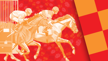 Line graphic of jockeys on race horses on a red and orange background.