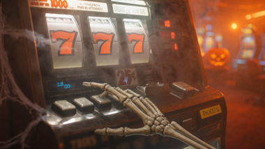A skeleton hand on a slot machine.